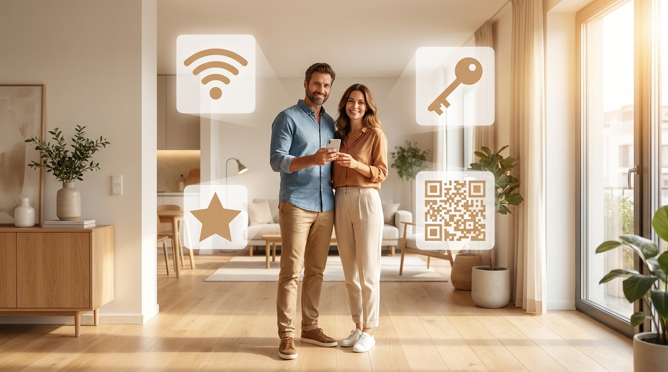 Voyageurs consultant leur guide d'arrivée WelcomeHost dans un bel appartement